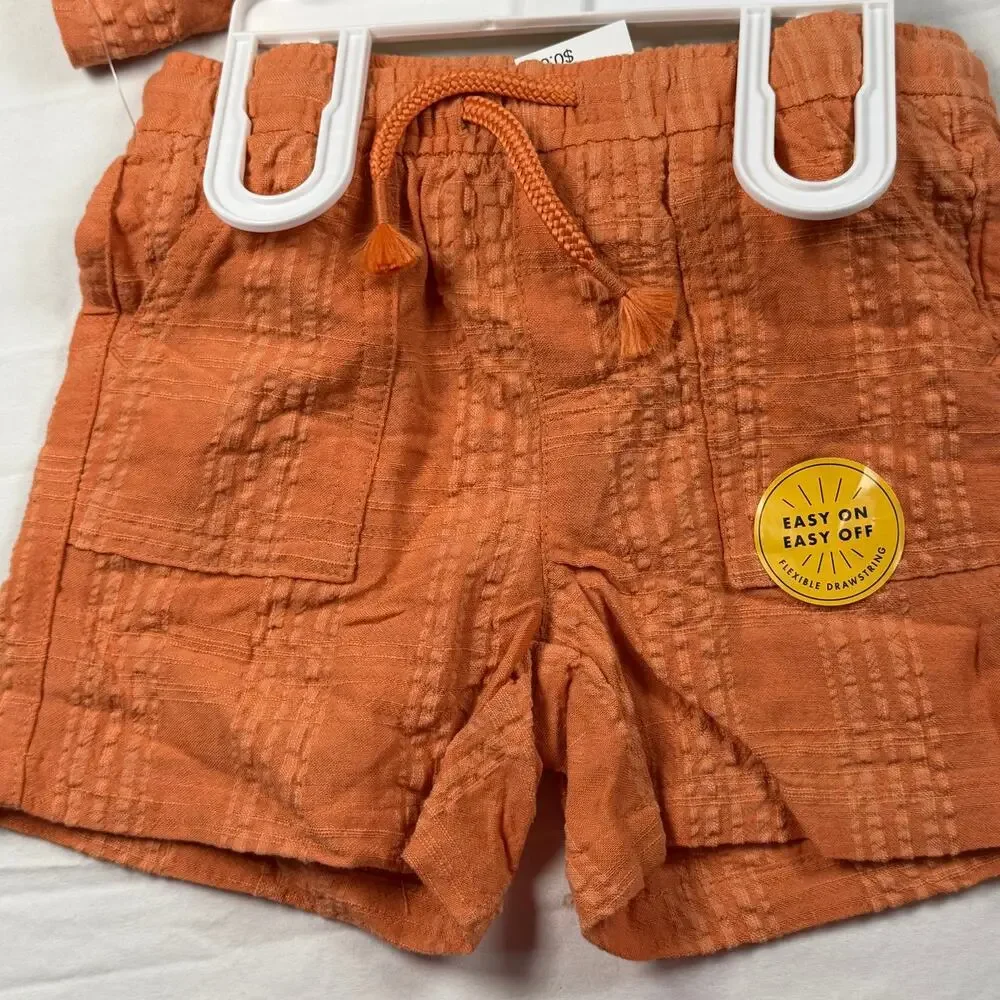 Cat & Jack Short Set Boys 12 Months Orange Rayon Blend Button Up Pockets NWT